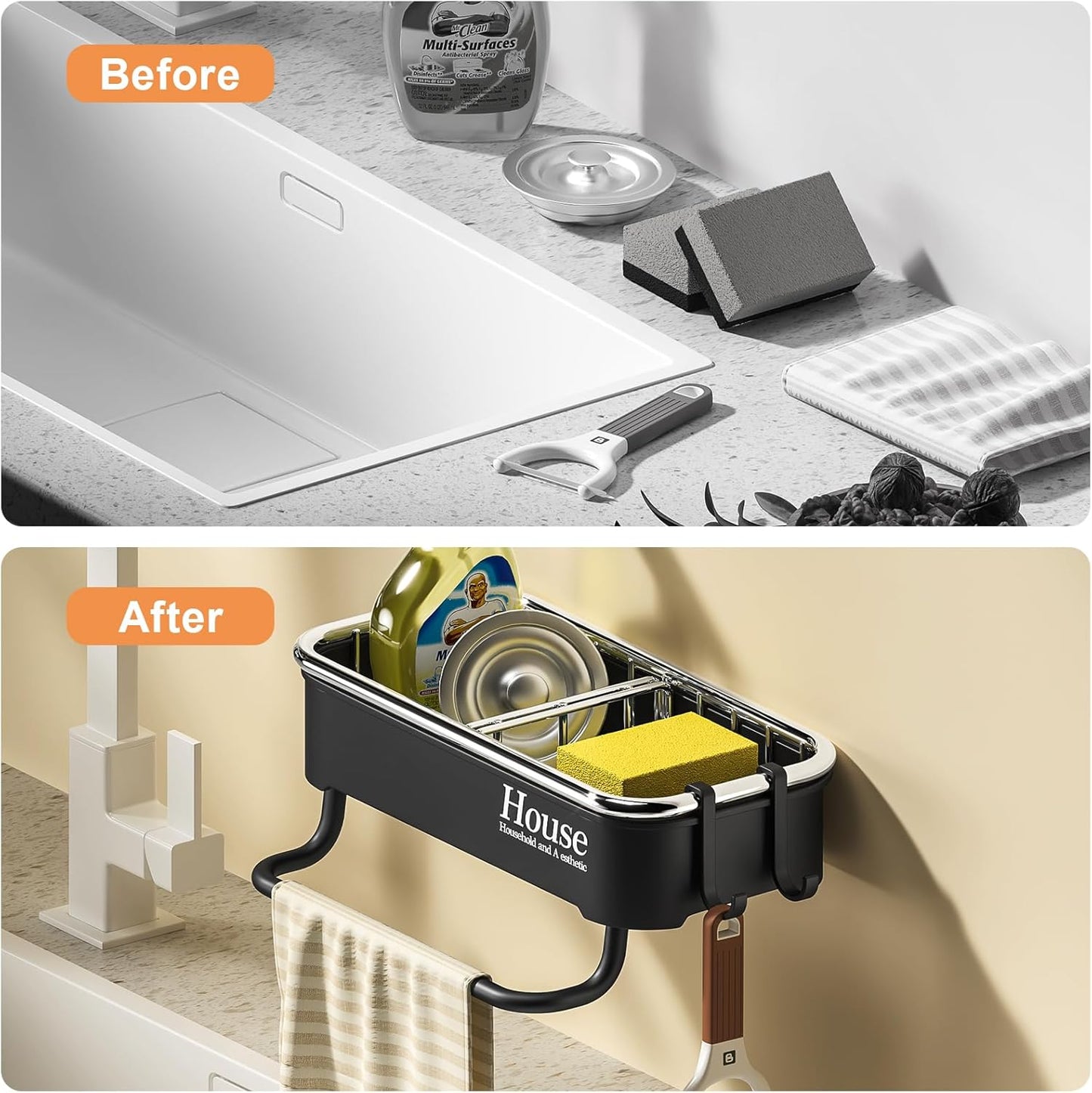 Kitchen Sink Caddy Organizer – Hanging Sponge Holder with Drainage Basket for Sponges, Brushes & Soap