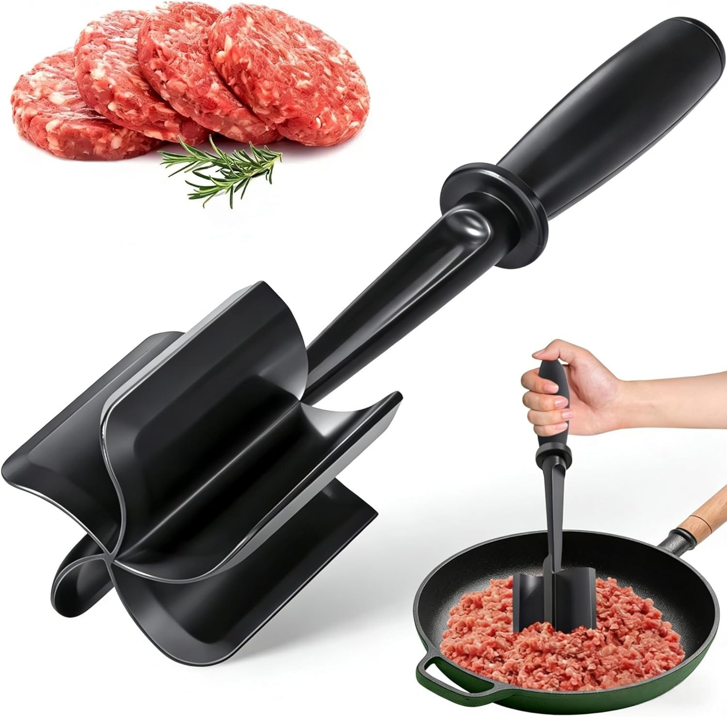 Ground Beef Meat Chopper with 5-Blade Head, Temp Heat-Resistant Meat Masher, Non-Stick Mince Meat Shredder for Ground