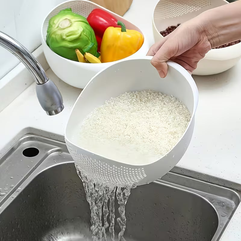 Multi-Purpose Rice Washing & Vegetable Strainer Bowl with Built-In Drain