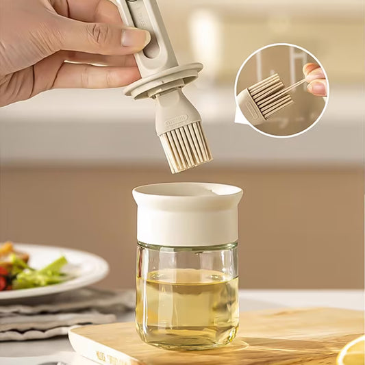2-in-1 Glass Oil Dispenser Bottle with Silicone Basting Brush – Leakproof Kitchen Oil Brush for BBQ, Baking & Cooking