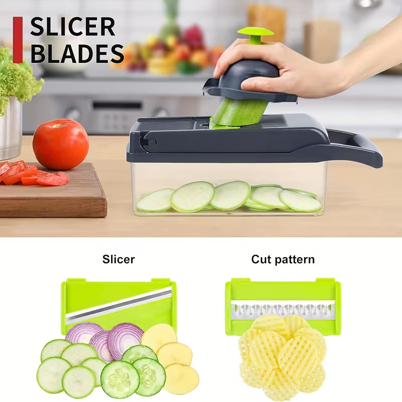 14-in-1 Multifunctional Vegetable Chopper & Mandoline Slicer with Storage Container – Onion Cutter, Dicer, Grater & Food Chopper Set
