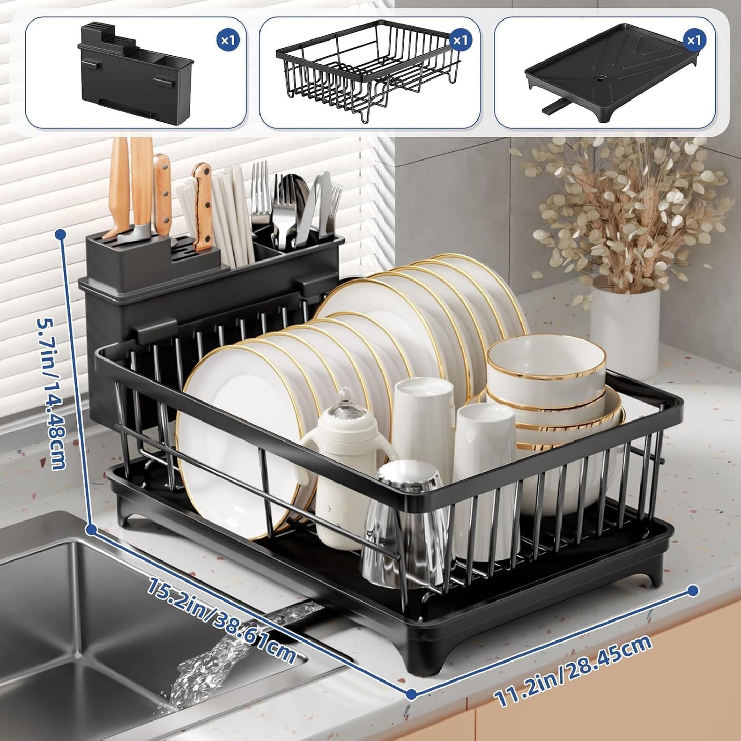 Large Capacity Kitchen Dish Drying Rack with Drainboard & Utensil Holder | Space-Saving Countertop Dish Drainer