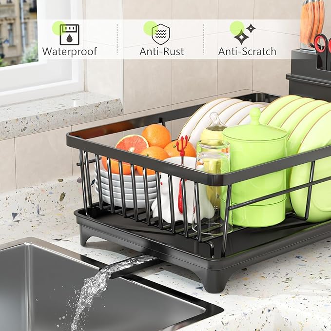 Large Capacity Kitchen Dish Drying Rack with Drainboard & Utensil Holder | Space-Saving Countertop Dish Drainer