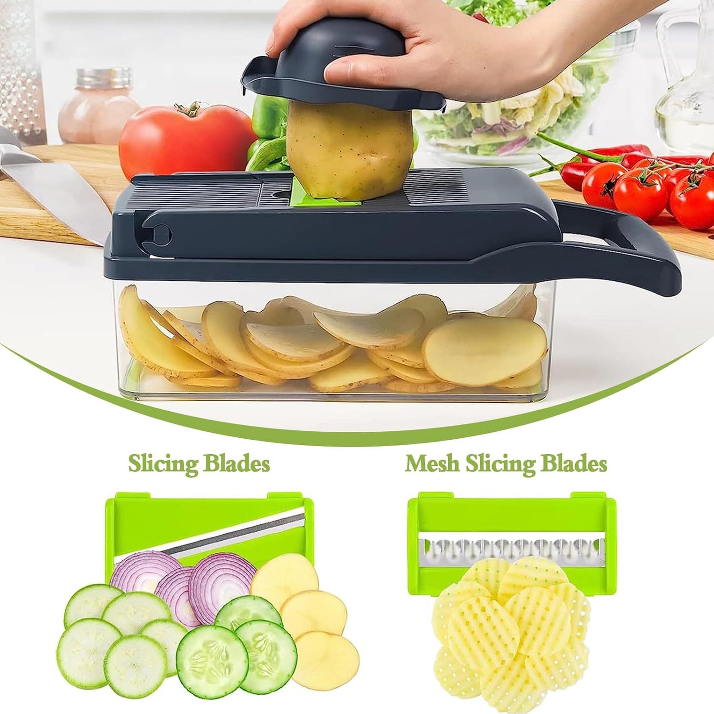 14-in-1 Multifunctional Vegetable Chopper & Mandoline Slicer with Storage Container – Onion Cutter, Dicer, Grater & Food Chopper Set
