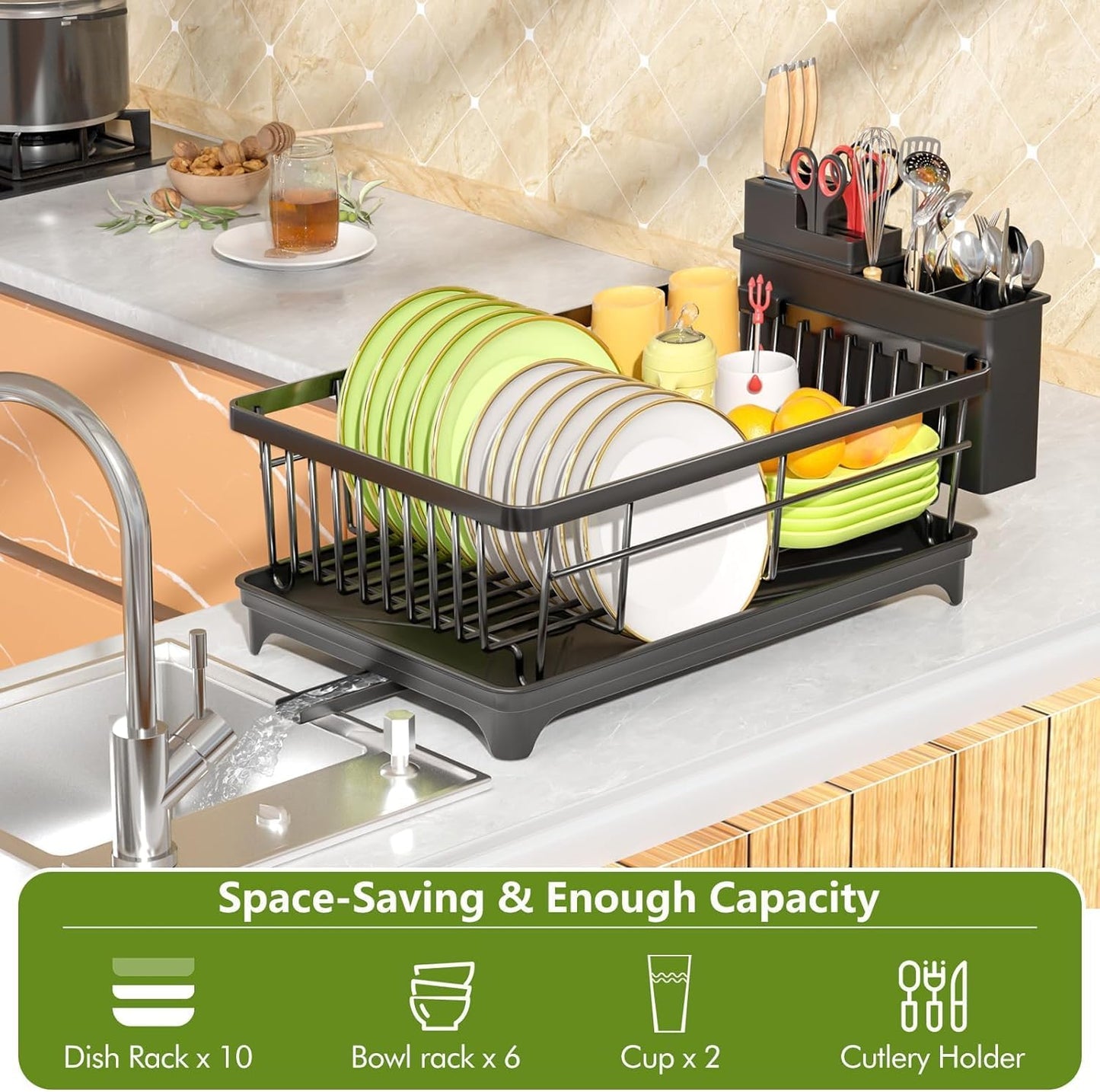 Large Capacity Kitchen Dish Drying Rack with Drainboard & Utensil Holder | Space-Saving Countertop Dish Drainer