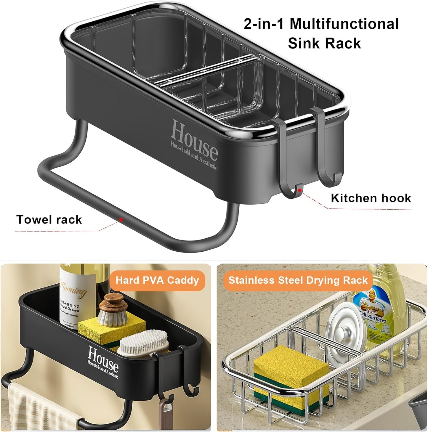 Kitchen Sink Caddy Organizer – Hanging Sponge Holder with Drainage Basket for Sponges, Brushes & Soap