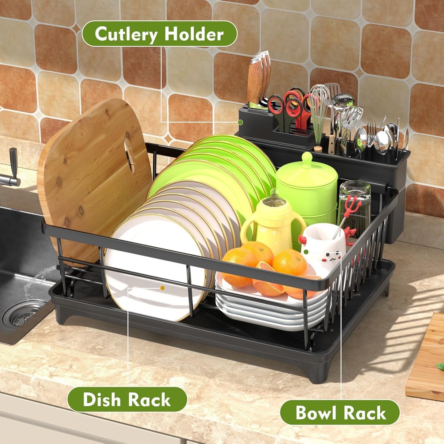 Large Capacity Kitchen Dish Drying Rack with Drainboard & Utensil Holder | Space-Saving Countertop Dish Drainer