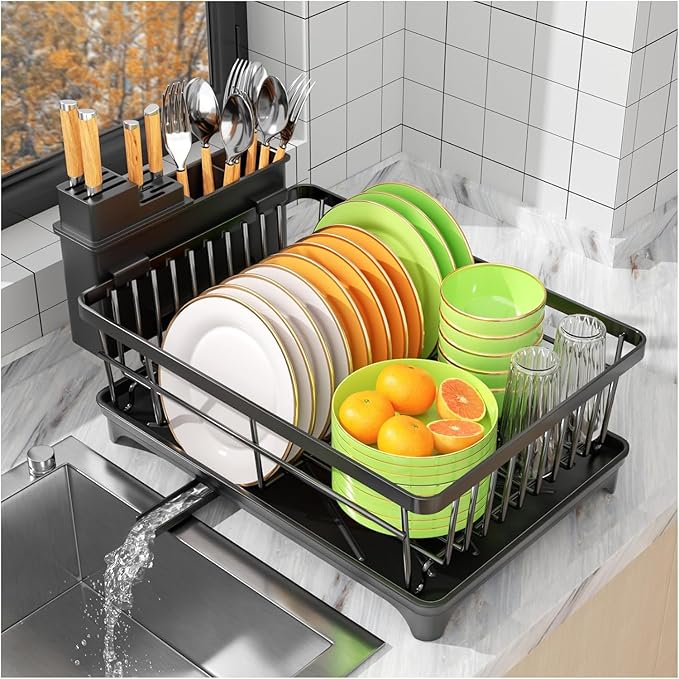 Large Capacity Kitchen Dish Drying Rack with Drainboard & Utensil Holder | Space-Saving Countertop Dish Drainer