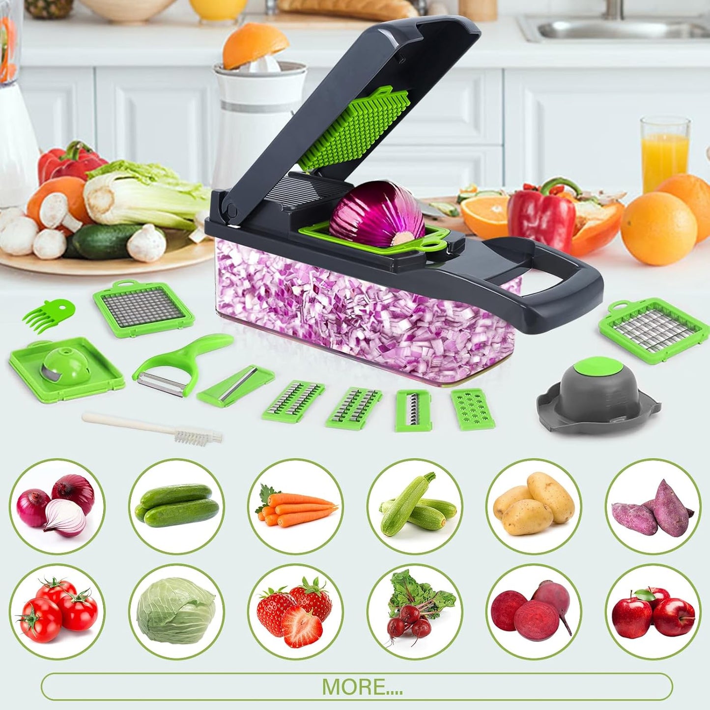14-in-1 Multifunctional Vegetable Chopper & Mandoline Slicer with Storage Container – Onion Cutter, Dicer, Grater & Food Chopper Set