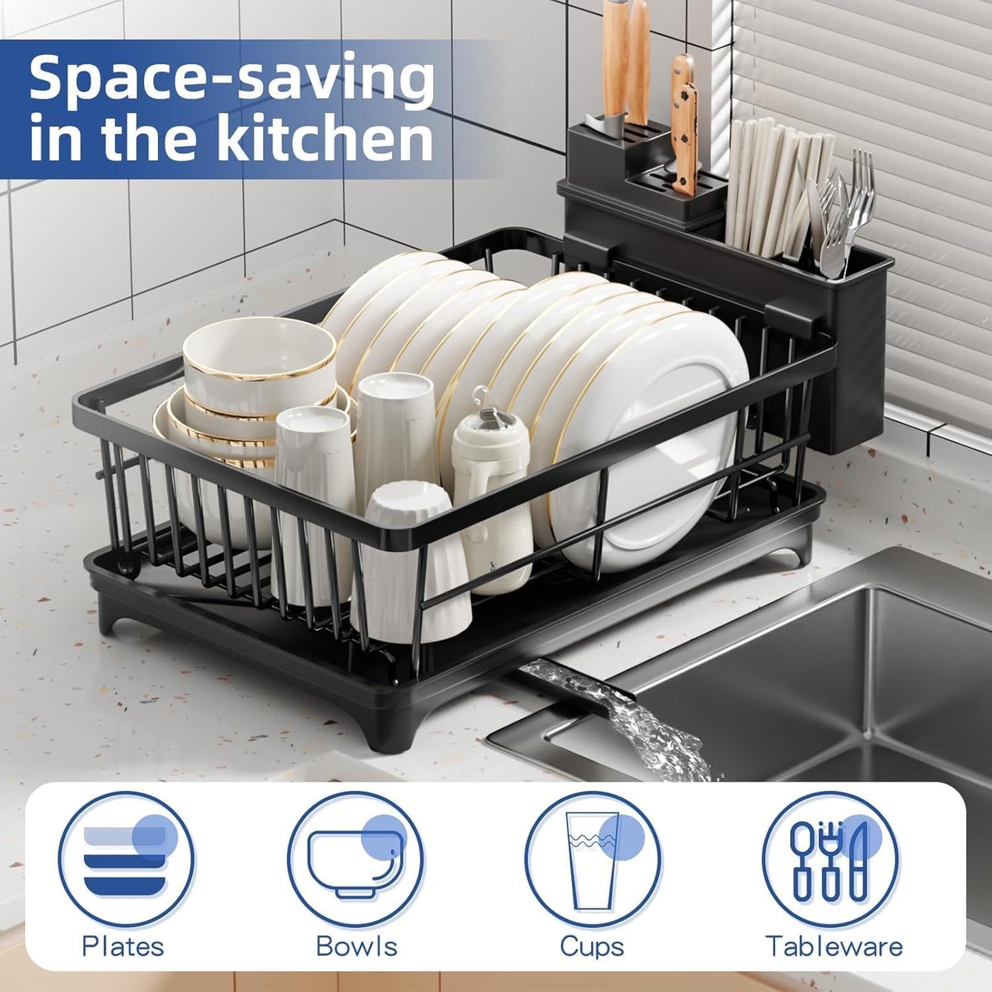 Large Capacity Kitchen Dish Drying Rack with Drainboard & Utensil Holder | Space-Saving Countertop Dish Drainer