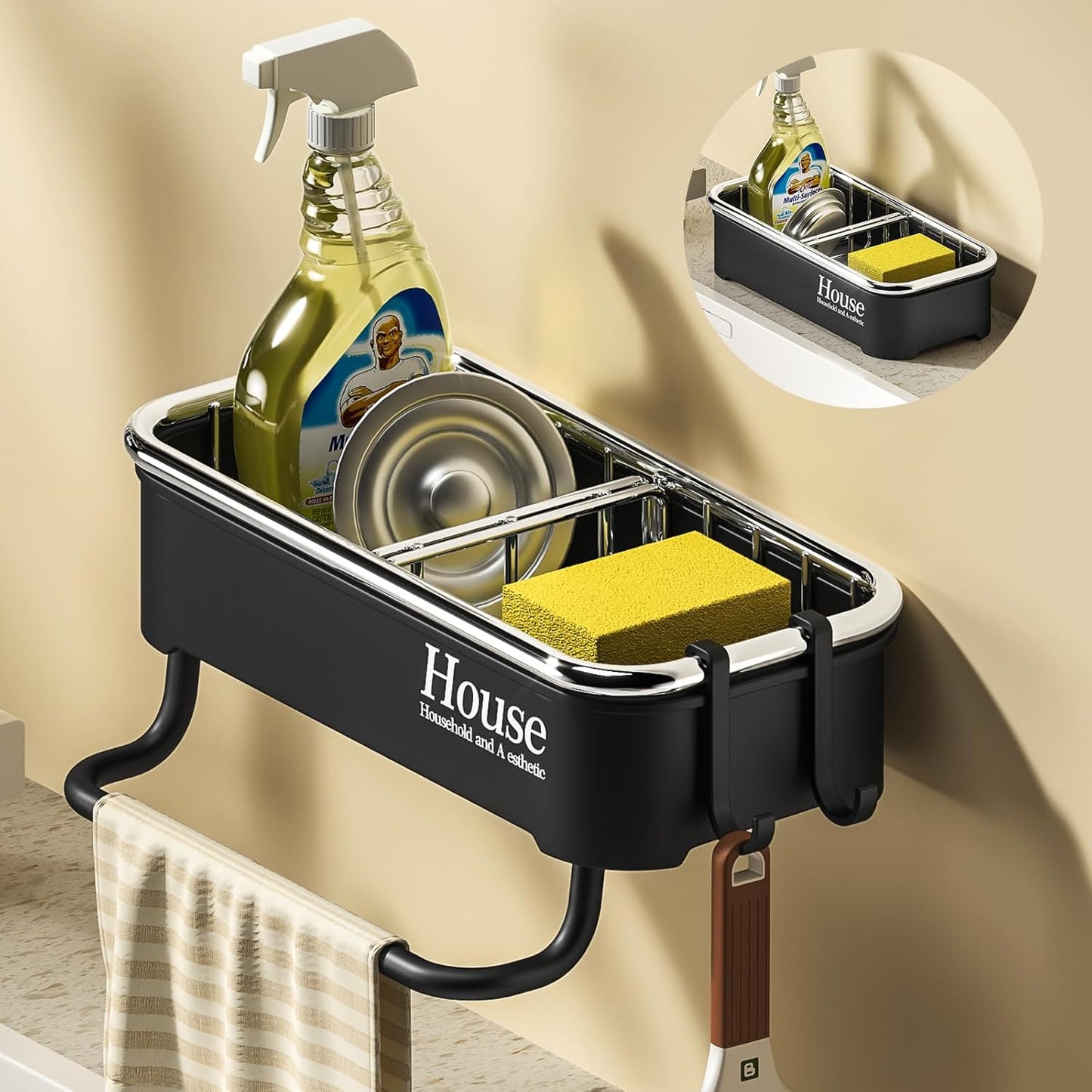 Kitchen Sink Caddy Organizer – Hanging Sponge Holder with Drainage Basket for Sponges, Brushes & Soap