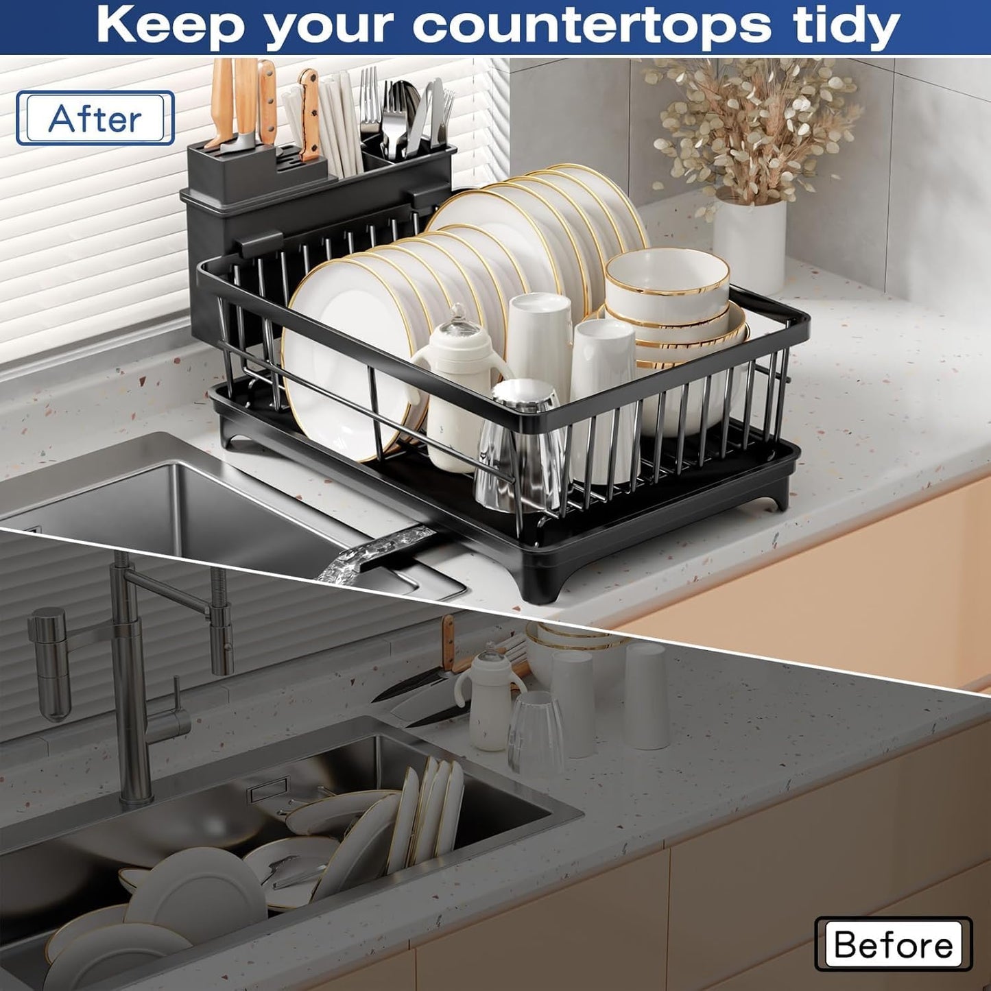 Large Capacity Kitchen Dish Drying Rack with Drainboard & Utensil Holder | Space-Saving Countertop Dish Drainer