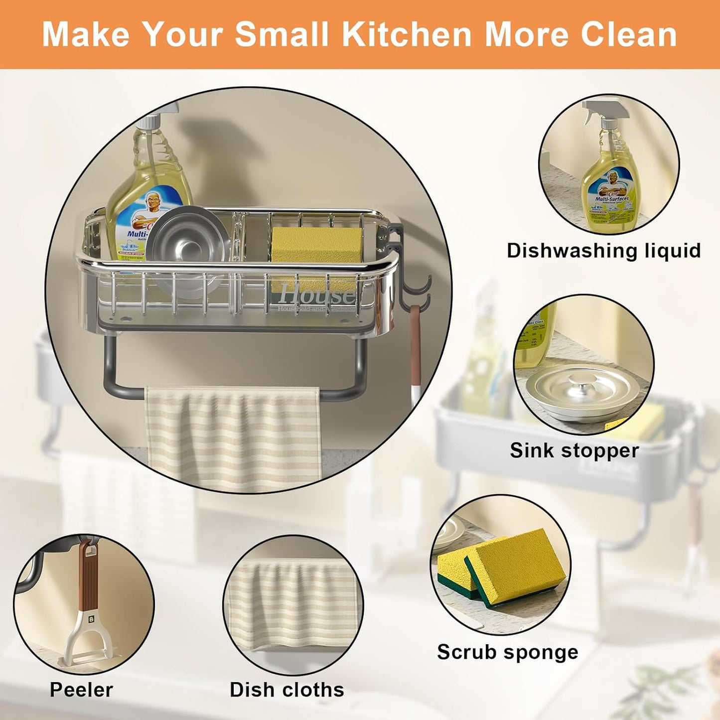 Kitchen Sink Caddy Organizer – Hanging Sponge Holder with Drainage Basket for Sponges, Brushes & Soap