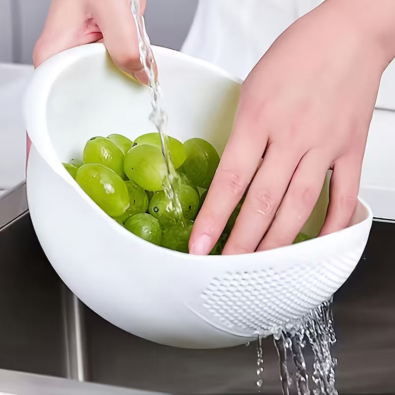 Multi-Purpose Rice Washing & Vegetable Strainer Bowl with Built-In Drain