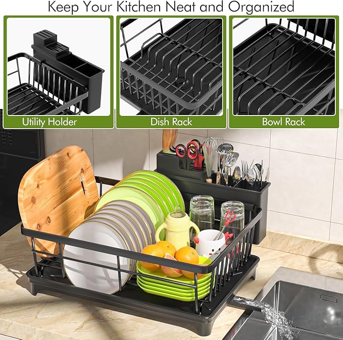 Large Capacity Kitchen Dish Drying Rack with Drainboard & Utensil Holder | Space-Saving Countertop Dish Drainer