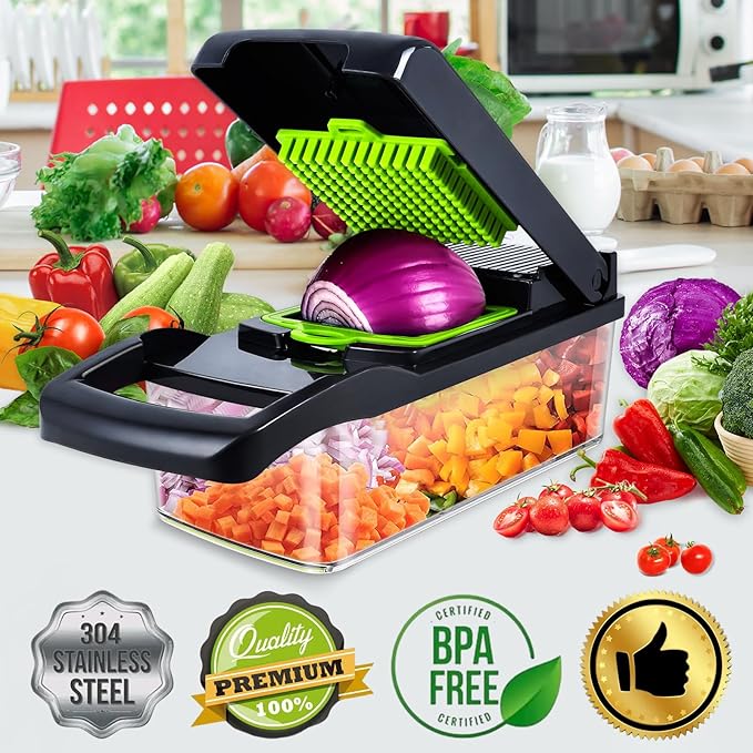14-in-1 Multifunctional Vegetable Chopper & Mandoline Slicer with Storage Container – Onion Cutter, Dicer, Grater & Food Chopper Set