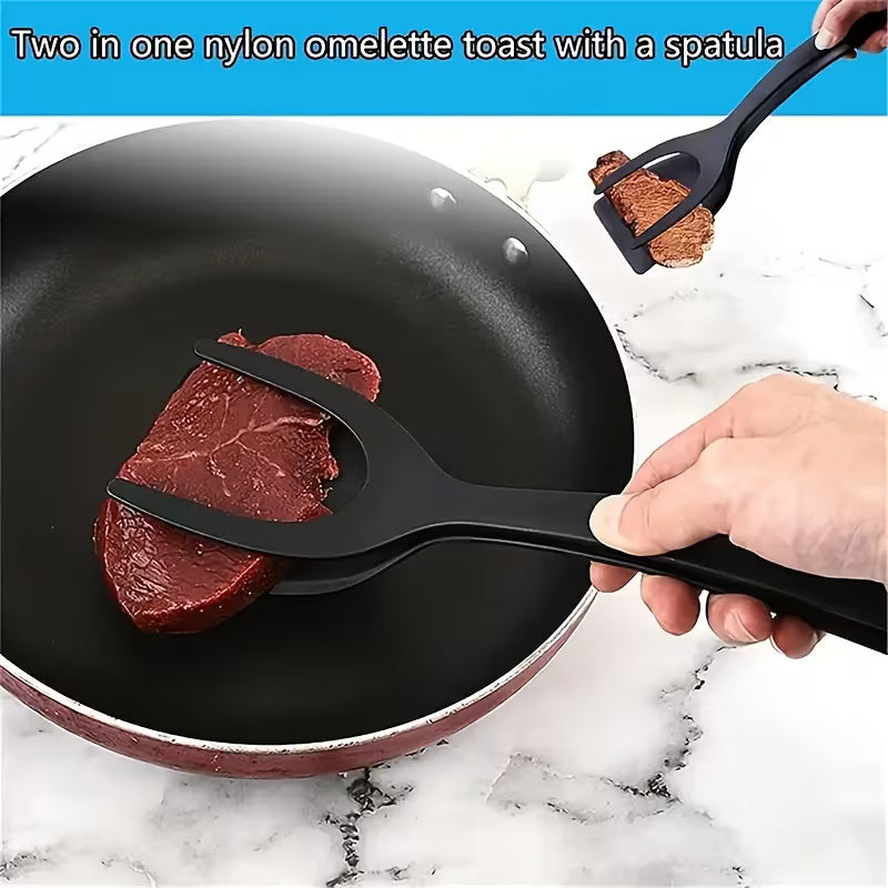 2-in-1 Heat-Resistant Nylon Spatula Tongs | Non-Stick Cooking Turner & Food Grip Utensil