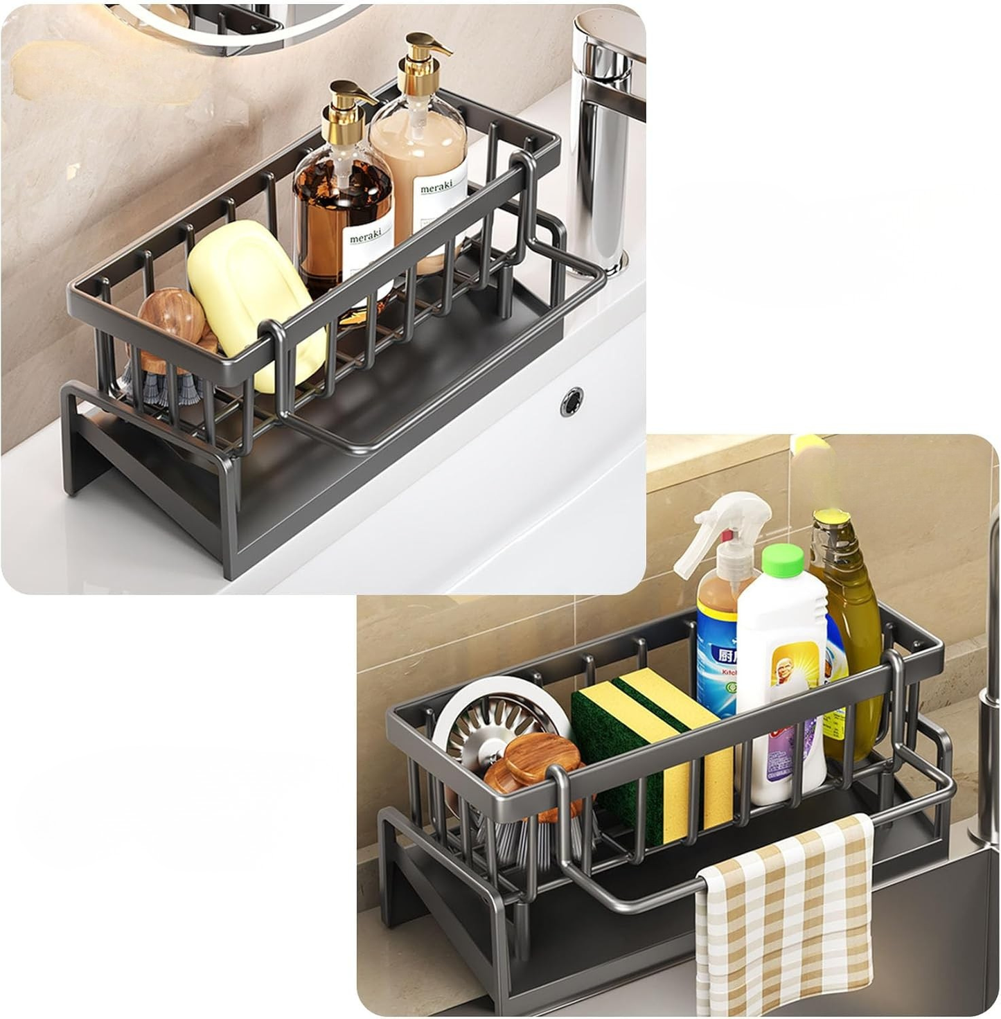 Rustproof Kitchen Sink Caddy Organizer with Removable Drip Tray – Countertop Sponge & Dish Soap Storage Basket
