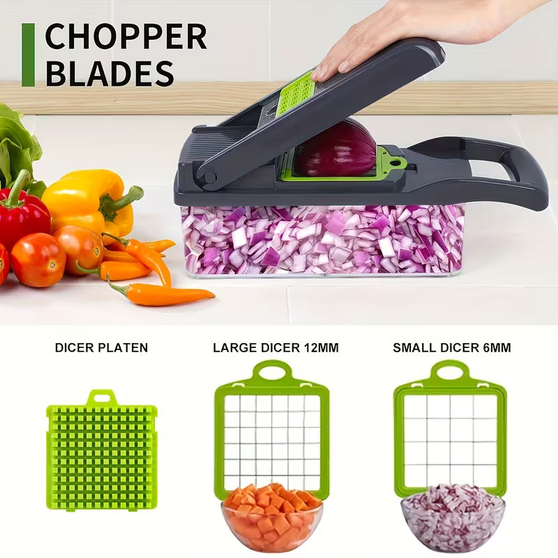 14-in-1 Multifunctional Vegetable Chopper & Mandoline Slicer with Storage Container – Onion Cutter, Dicer, Grater & Food Chopper Set