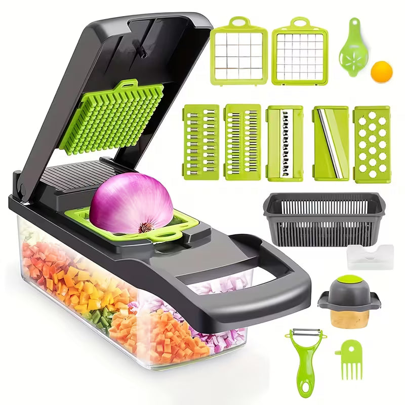 14-in-1 Multifunctional Vegetable Chopper & Mandoline Slicer with Storage Container – Onion Cutter, Dicer, Grater & Food Chopper Set