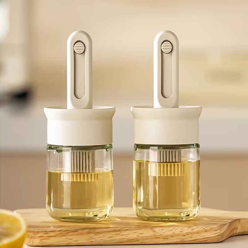 2-in-1 Glass Oil Dispenser Bottle with Silicone Basting Brush – Leakproof Kitchen Oil Brush for BBQ, Baking & Cooking