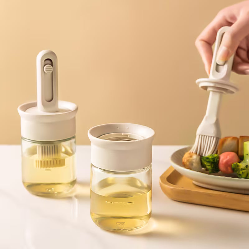 2-in-1 Glass Oil Dispenser Bottle with Silicone Basting Brush – Leakproof Kitchen Oil Brush for BBQ, Baking & Cooking