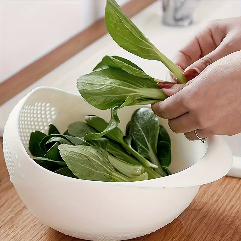 Multi-Purpose Rice Washing & Vegetable Strainer Bowl with Built-In Drain